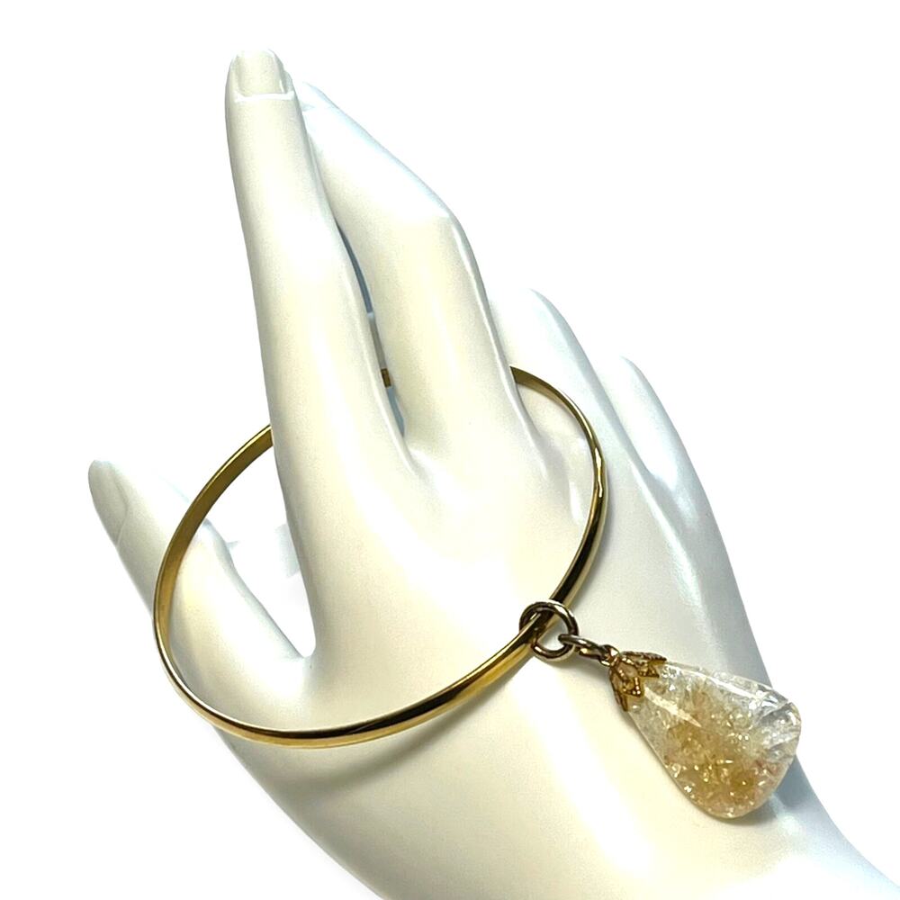 Gold Tone Bangle Bracelet w Citrine Teardrop Charm Minimalist Boho Fashion